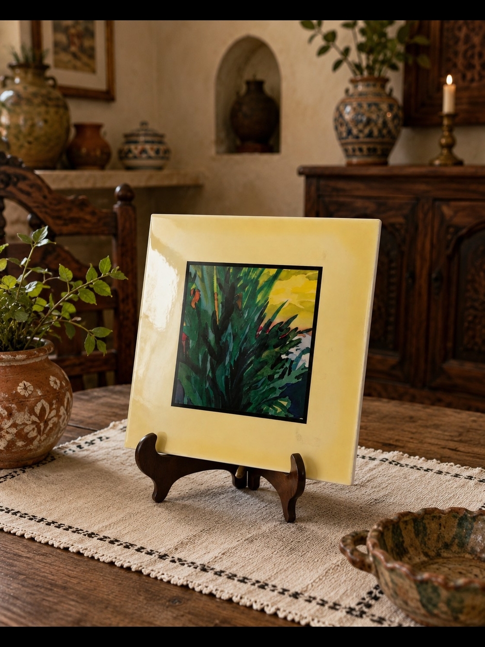 Yellow Ceramic Art Tile with Botanical Centerpiece